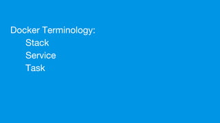 Docker Terminology:
Stack
Service
Task
 