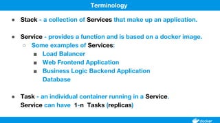 ● Stack - a collection of Services that make up an application.
● Service - provides a function and is based on a docker image.
○ Some examples of Services:
■ Load Balancer
■ Web Frontend Application
■ Business Logic Backend Application
Database
● Task - an individual container running in a Service.
Service can have 1-n Tasks (replicas)
Terminology
 