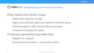 © 2017 InfluxData. All rights reserved.55 © 2017 InfluxData. All rights reserved.55
What makes time-series unique
¨Needs fast ingestion of data
¨High & low precision data have different retention policy
¨Software agent or DB must be able to compute
¨Unique & changing time query
Containers generating huge data load
¨Regular vs. irregular
¨Containers themselves + components within
Understanding the time series problem
 