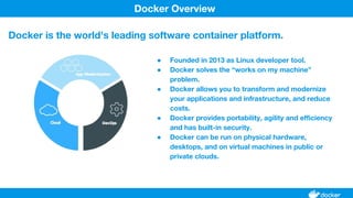 ● Founded in 2013 as Linux developer tool.
● Docker solves the “works on my machine”
problem.
● Docker allows you to transform and modernize
your applications and infrastructure, and reduce
costs.
● Docker provides portability, agility and efficiency
and has built-in security.
● Docker can be run on physical hardware,
desktops, and on virtual machines in public or
private clouds.
Docker Overview
Docker is the world's leading software container platform.
 