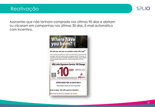 32
Reativação
Assinantes que não tenham comprado nos últimos 90 dias e abriram
ou clicaram em campanhas nos últimos 30 dias. E-mail automático
com incentivo.
 