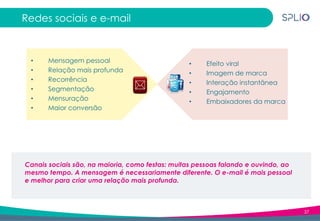 37
Redes sociais e e-mail
• Mensagem pessoal
• Relação mais profunda
• Recorrência
• Segmentação
• Mensuração
• Maior conversão
• Efeito viral
• Imagem de marca
• Interação instantânea
• Engajamento
• Embaixadores da marca
Canais sociais são, na maioria, como festas: muitas pessoas falando e ouvindo, ao
mesmo tempo. A mensagem é necessariamente diferente. O e-mail é mais pessoal
e melhor para criar uma relação mais profunda.
 