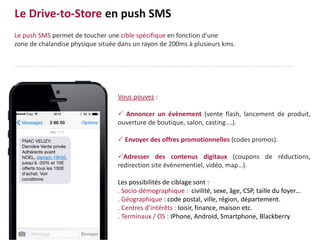 Le Drive-to-Store en push SMS
Vous pouvez :
 Annoncer un évènement (vente flash, lancement de produit,
ouverture de boutique, salon, casting….).
 Envoyer des offres promotionnelles (codes promos).
Adresser des contenus digitaux (coupons de réductions,
redirection site évènementiel, vidéo, map…).
Les possibilités de ciblage sont :
. Socio-démographique : civilité, sexe, âge, CSP, taille du foyer…
. Géographique : code postal, ville, région, département.
. Centres d’intérêts : loisir, finance, maison etc.
. Terminaux / OS : IPhone, Androïd, Smartphone, Blackberry
Le push SMS permet de toucher une cible spécifique en fonction d’une
zone de chalandise physique située dans un rayon de 200ms à plusieurs kms.
 
