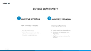DEFINING BRAND SAFETY
OBJECTIVE DEFINITION SUBJECTIVE DEFINITION
Adult content or hate-sites
• Industry-endorsed lists
• G...