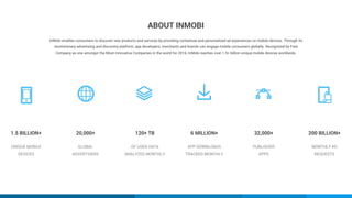 ABOUT INMOBI
1.5 BILLION+
UNIQUE MOBILE
DEVICES
InMobi enables consumers to discover new products and services by providin...