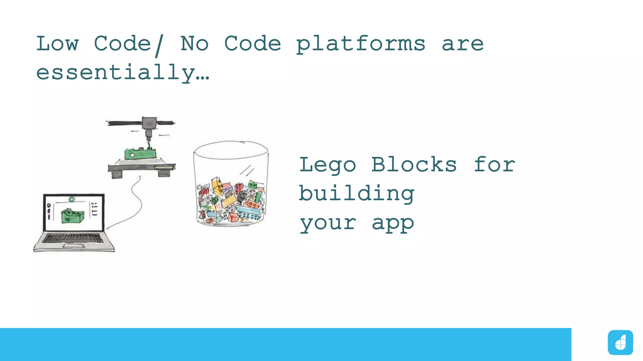 Lego Blocks for
building
your app
Low Code/ No Code platforms are
essentially…
 
