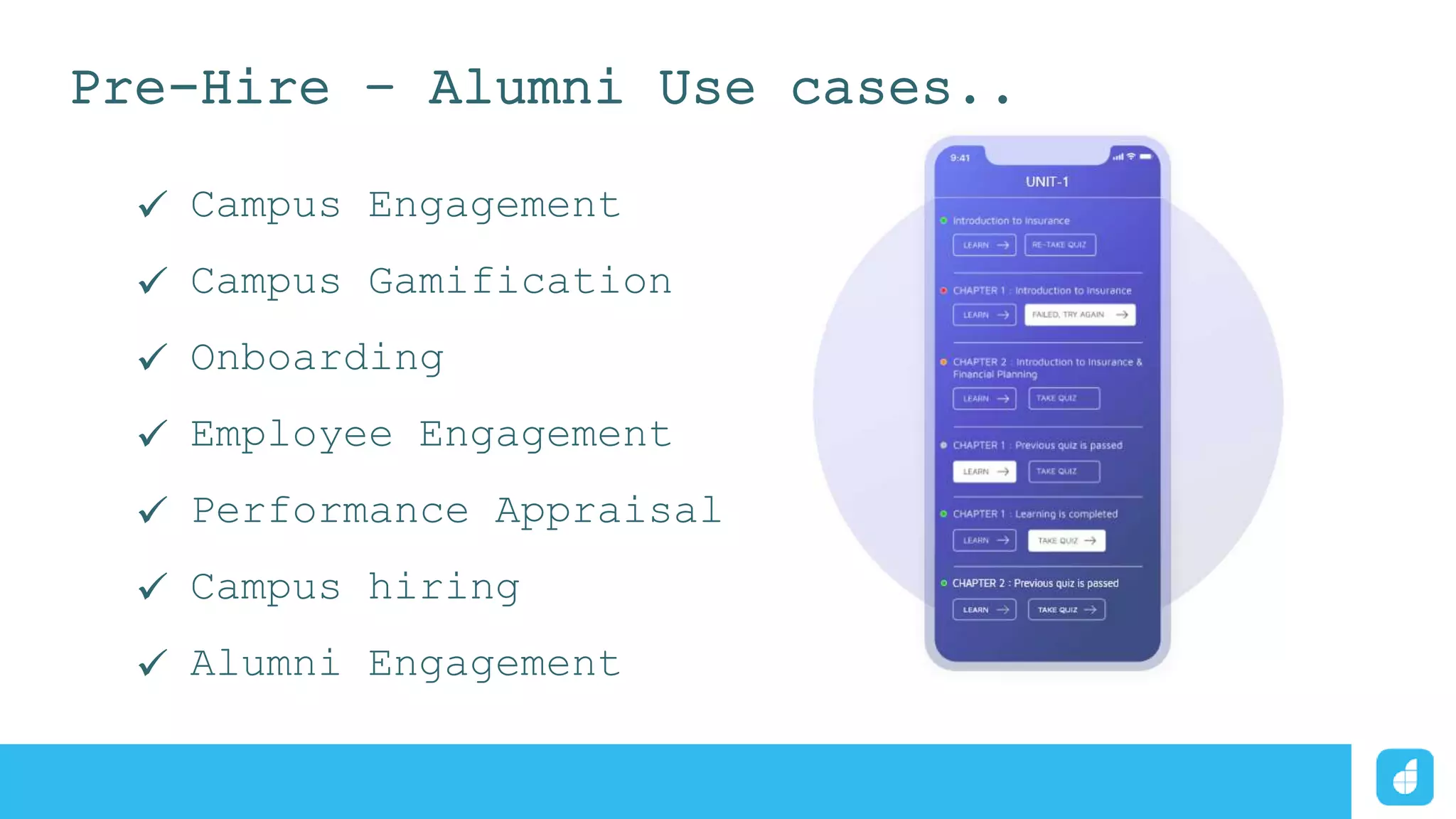 Pre-Hire – Alumni Use cases..
 Campus Engagement
 Campus Gamification
 Onboarding
 Employee Engagement
 Performance Appraisal
 Campus hiring
 Alumni Engagement
 