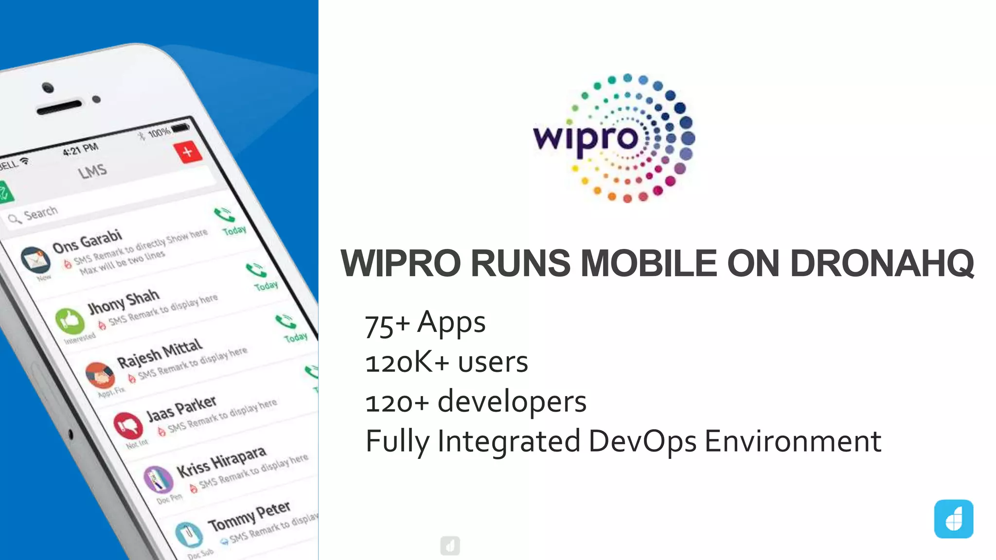 75+ Apps
120K+ users
120+ developers
Fully Integrated DevOps Environment
WIPRO RUNS MOBILE ON DRONAHQ
DronaHQ
 