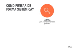 EMPATIA
para o entendimento do
problema
COMO PENSAR DE
FORMA SISTÊMICA?
 