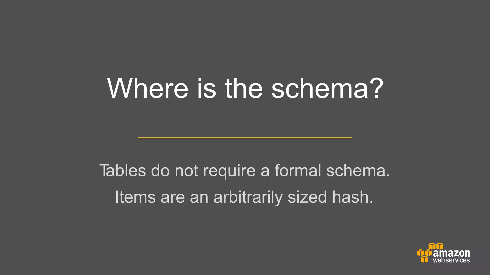 Where is the schema?
T
ables do not require a formal schema.
	


Items are an arbitrarily sized hash.

 