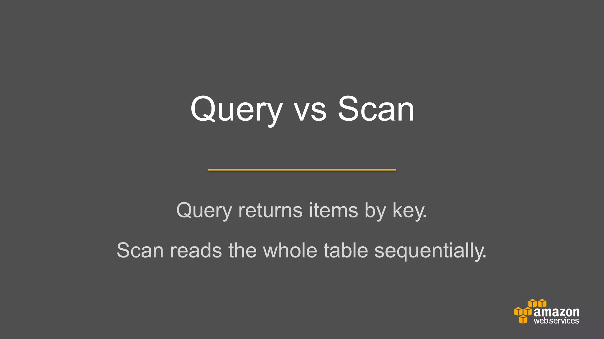 Query vs Scan
Query returns items by key.
	


	


Scan reads the whole table sequentially.

 