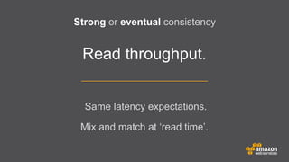 Strong or eventual consistency

Read throughput.
Same latency expectations.
Mix and match at ‘read time’.

 