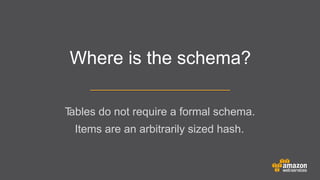 Where is the schema?
T
ables do not require a formal schema.
	


Items are an arbitrarily sized hash.

 