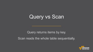 Query vs Scan
Query returns items by key.
	


	


Scan reads the whole table sequentially.

 