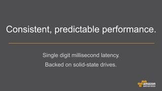 Consistent, predictable performance.
Single digit millisecond latency.
	


Backed on solid-state drives.

 