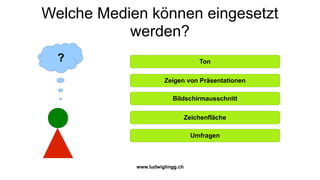 Welche Medien können eingesetzt
           werden?
  ?                                  Ton

                      Zeigen von Präsentationen

                         Bildschirmausschnitt

                                 Zeichenfläche

                                  Umfragen



            www.ludwiglingg.ch
 