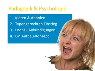 Pädagogik & Psychologie
1. Klären & Abholen
2. Typengerechten Einstieg
3. Loops - Ankündigungen
4. Ein Aufbau-Konzept
Bild: Fotolia
 