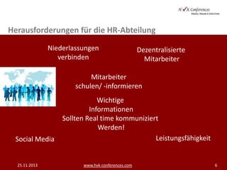 Herausforderungen für die HR-Abteilung
Niederlassungen
verbinden

Dezentralisierte
Mitarbeiter

Mitarbeiter
schulen/ -informieren

Social Media

25.11.2013

Wichtige
Informationen
Sollten Real time kommuniziert
Werden!
Leistungsfähigkeit

www.hvk-conferences.com

6

 