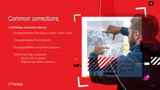 Changed/deleted DB objects (tables, views, APIs)
—
Changed/deleted forms/blocks
—
Changed/deleted concurrent programs
—
Online Patching compliance
- Direct calls to owner
- Registering custom schemas
Common corrections
11
Code/setup corrections due to:
 