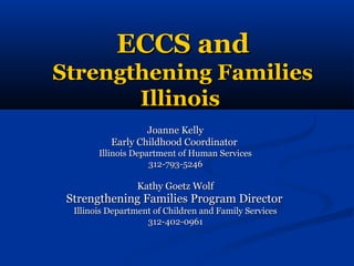 ECCS andECCS and
Strengthening FamiliesStrengthening Families
IllinoisIllinois
Joanne KellyJoanne Kelly
Early Childhood CoordinatorEarly Childhood Coordinator
Illinois Department of Human ServicesIllinois Department of Human Services
312-793-5246312-793-5246
Kathy Goetz WolfKathy Goetz Wolf
Strengthening Families Program DirectorStrengthening Families Program Director
Illinois Department of Children and Family ServicesIllinois Department of Children and Family Services
312-402-0961312-402-0961
 