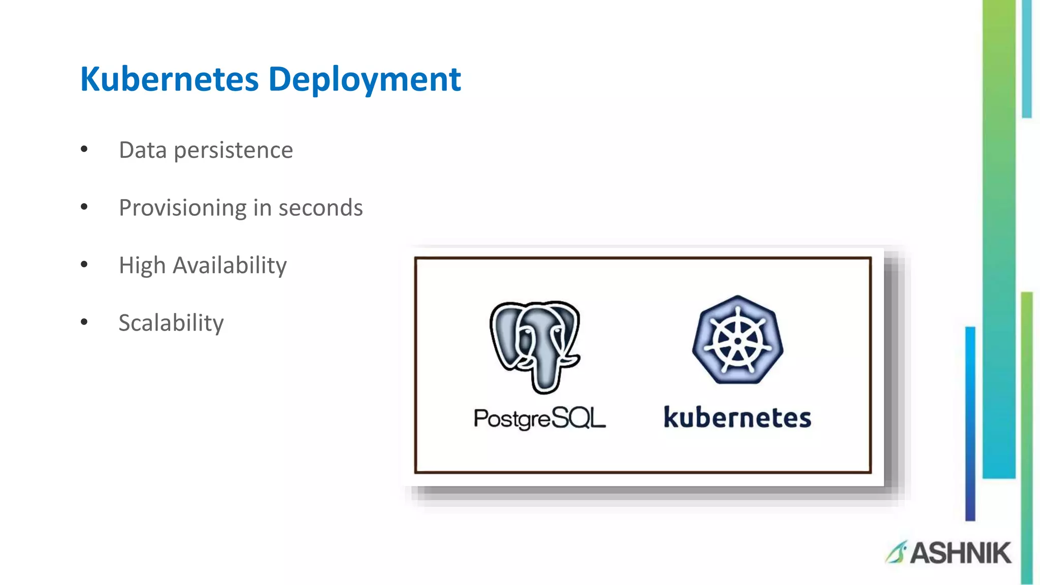 • Data persistence
• Provisioning in seconds
• High Availability
• Scalability
Kubernetes Deployment
 