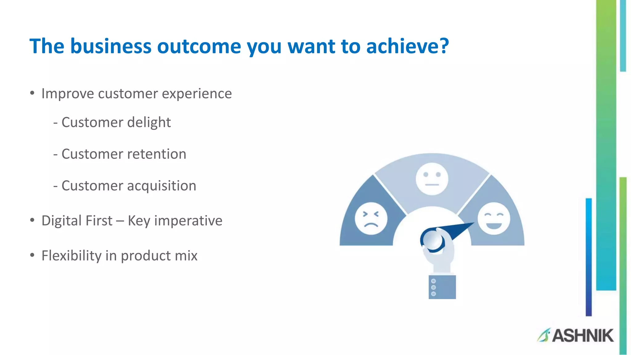 The business outcome you want to achieve?
• Improve customer experience
- Customer delight
- Customer retention
- Customer acquisition
• Digital First – Key imperative
• Flexibility in product mix
 