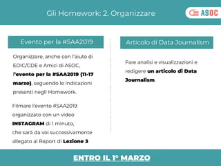 Gli Homework: 2. Organizzare
Fare analisi e visualizzazioni e
redigere un articolo di Data
Journalism.
Articolo di Data Jo...