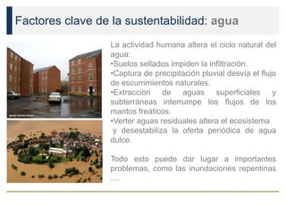 Factores clave de la sustentabilidad: agua
La actividad humana altera el ciclo natural del
agua:
•Suelos sellados impiden la infiltración.
•Captura de precipitación pluvial desvía el flujo
de escurrimientos naturales.
•Extracción de aguas superficiales y
subterráneas interrumpe los flujos de los
mantos freáticos.
•Verter aguas residuales altera el ecosistema
y desestabiliza la oferta periódica de agua
dulce.
Todo esto puede dar lugar a importantes
problemas, como las inundaciones repentinas
....
 