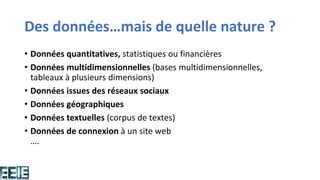 Des données…mais de quelle nature ?
• Données quantitatives, statistiques ou financières
• Données multidimensionnelles (bases multidimensionnelles,
tableaux à plusieurs dimensions)
• Données issues des réseaux sociaux
• Données géographiques
• Données textuelles (corpus de textes)
• Données de connexion à un site web
….
 