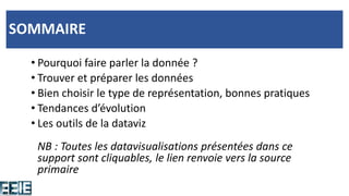 SommaireSOMMAIRE
• Pourquoi faire parler la donnée ?
• Trouver et préparer les données
• Bien choisir le type de représentation, bonnes pratiques
• Tendances d’évolution
• Les outils de la dataviz
NB : Toutes les datavisualisations présentées dans ce
support sont cliquables, le lien renvoie vers la source
primaire
 