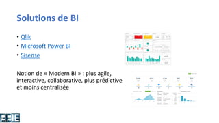 Solutions de BI
• Qlik
• Microsoft Power BI
• Sisense
Notion de « Modern BI » : plus agile,
interactive, collaborative, plus prédictive
et moins centralisée
 