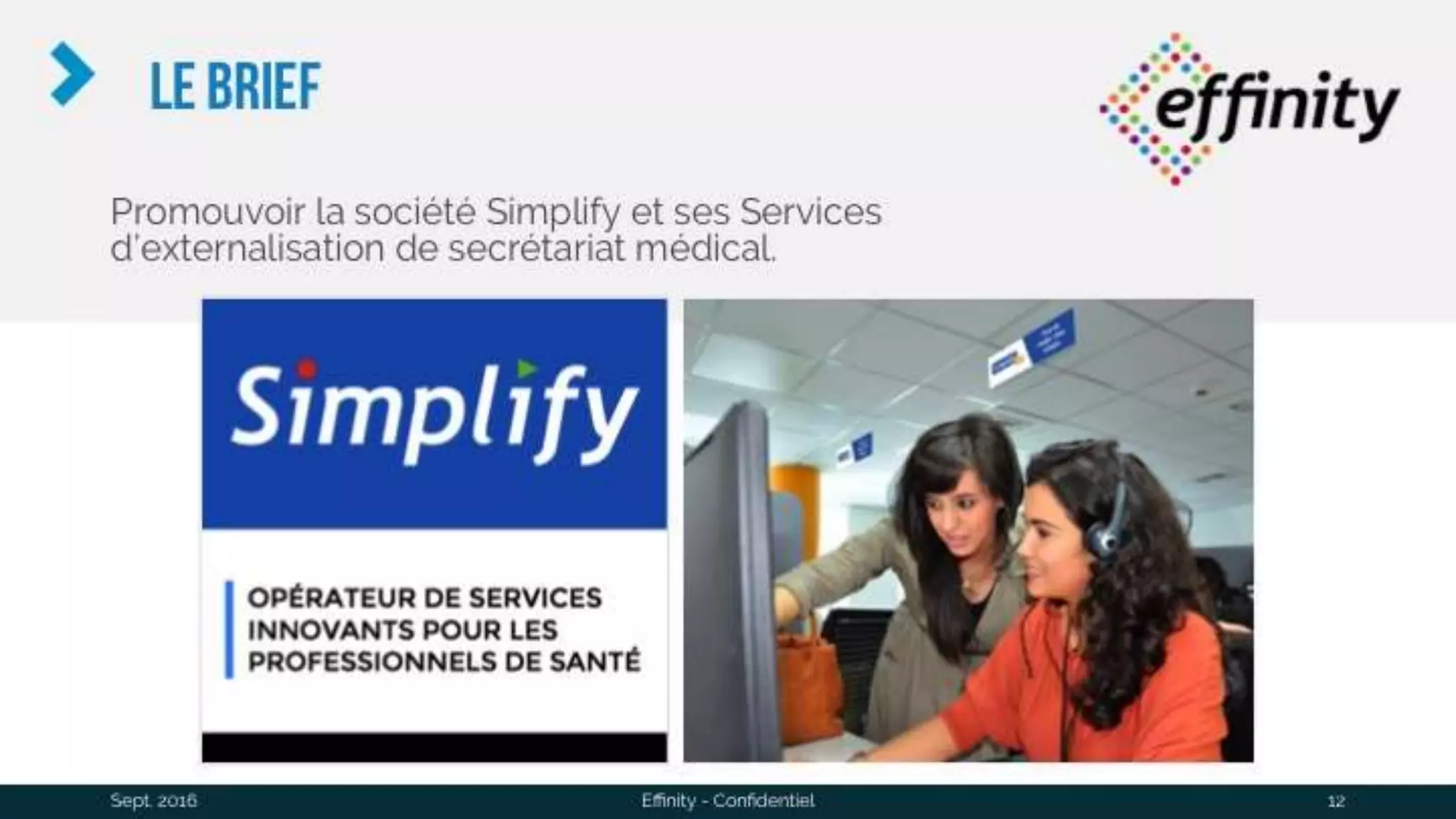 Le brief
Sept. 2016 Effinity - Confidentiel 12
Promouvoir la société Simplify et ses Services
d’externalisation de secrétariat médical.
 