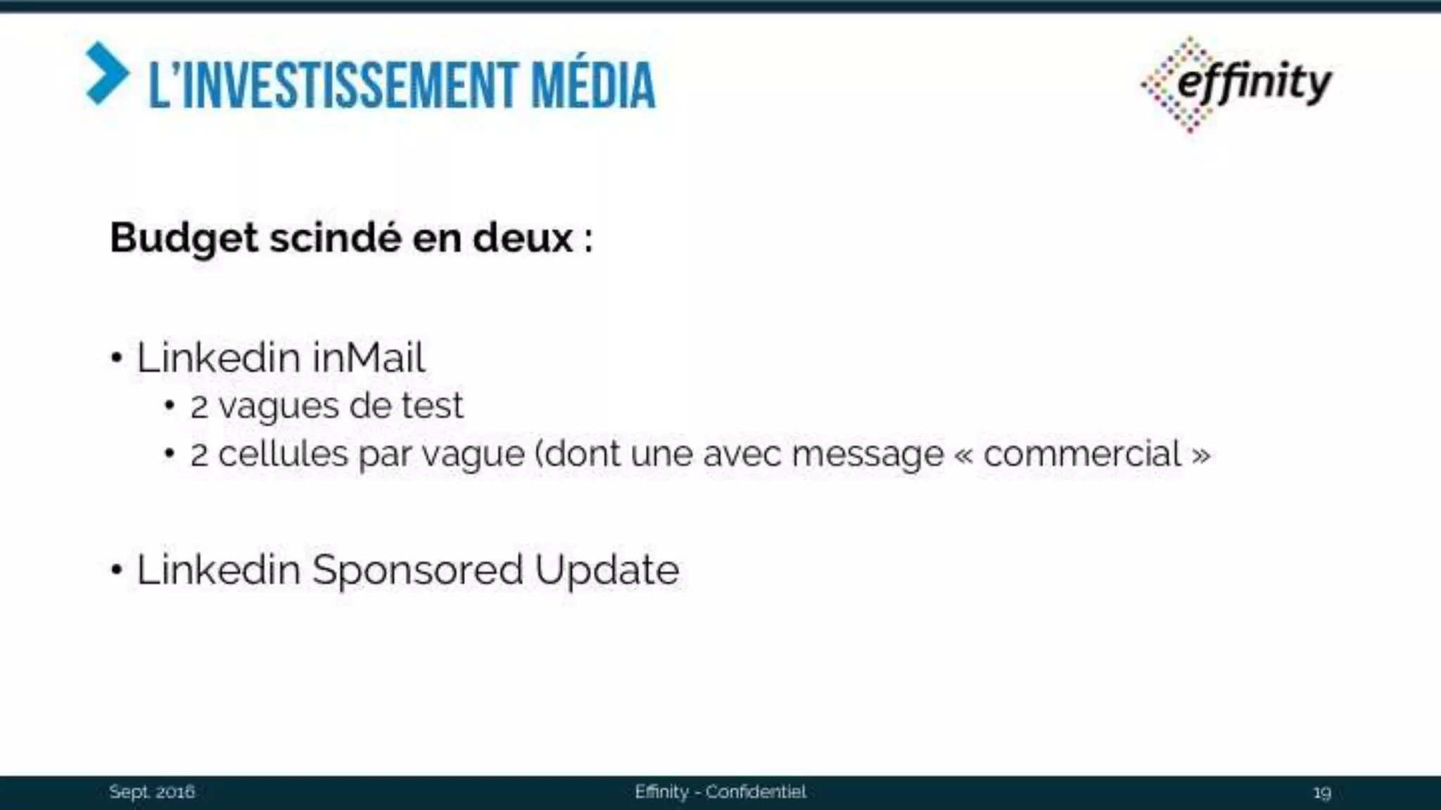 L’investissement média
Budget scindé en deux :
• Linkedin inMail
• 2 vagues de test
• 2 cellules par vague (dont une avec message « commercial »
• Linkedin Sponsored Update
Sept. 2016 Effinity - Confidentiel 19
 