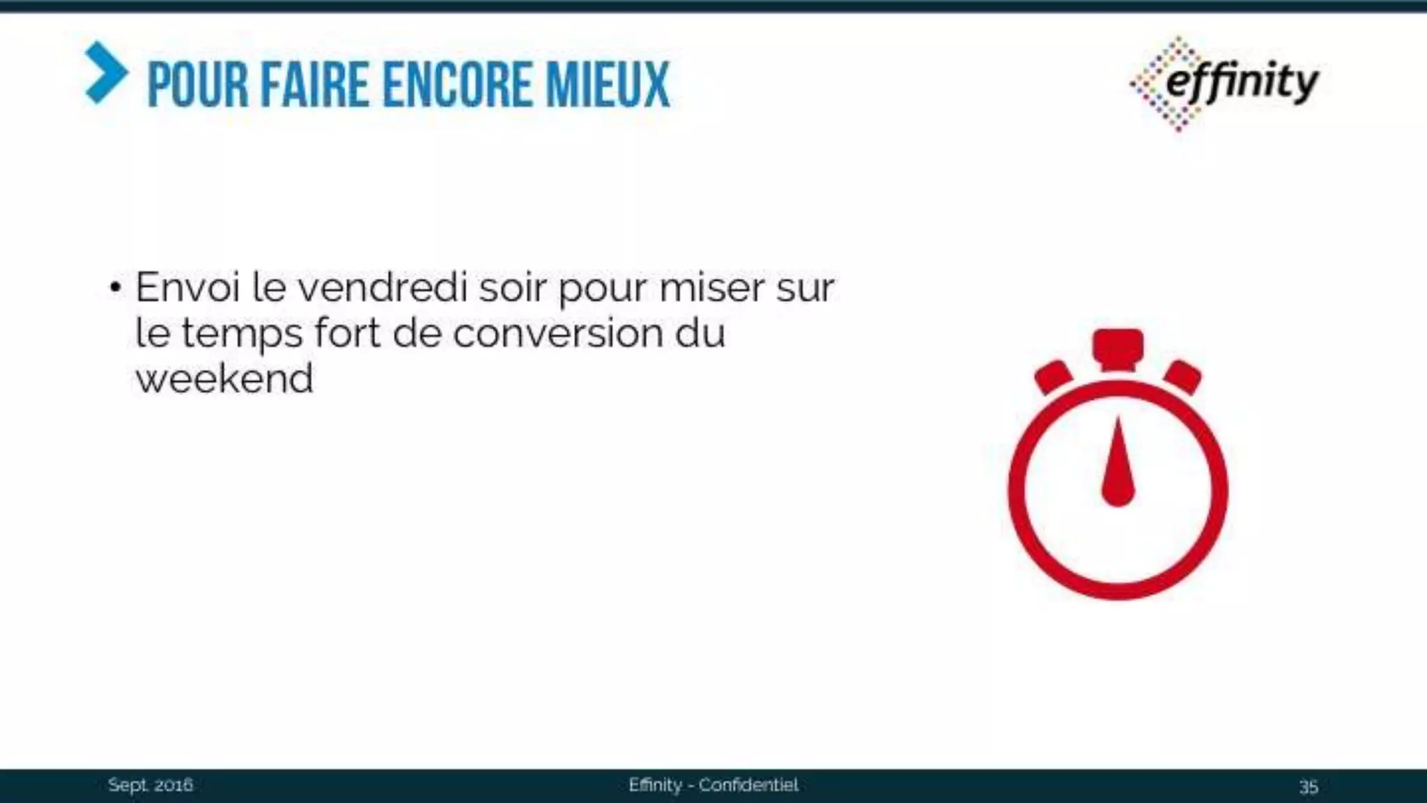 Pour faire encore mieux
• Envoi le vendredi soir pour miser sur
le temps fort de conversion du
weekend
Sept. 2016 Effinity - Confidentiel 35
 