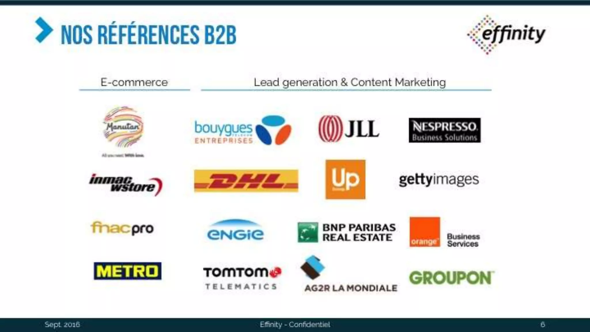 Nos références B2B
Sept. 2016 Effinity - Confidentiel 6
E-commerce Lead generation & Content Marketing
 