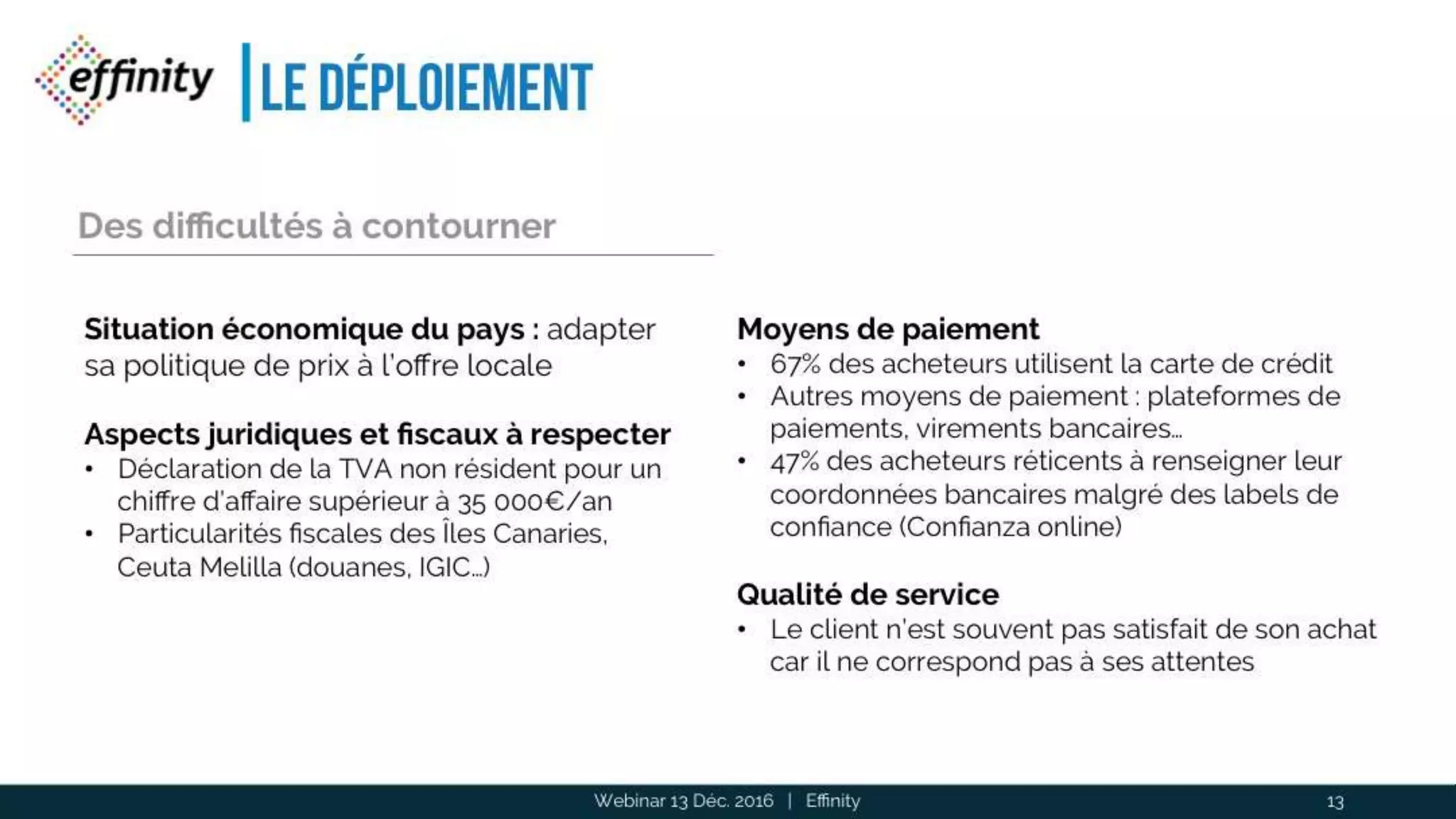 Le déploiement
Webinar 13 Déc. 2016 | Effinity 13
Des difficultés à contourner
Situation économique du pays : adapter
sa politique de prix à l’offre locale
Aspects juridiques et fiscaux à respecter
• Déclaration de la TVA non résident pour un
chiffre d’affaire supérieur à 35 000€/an
• Particularités fiscales des Îles Canaries,
Ceuta Melilla (douanes, IGIC…)
Moyens de paiement
• 67% des acheteurs utilisent la carte de crédit
• Autres moyens de paiement : plateformes de
paiements, virements bancaires…
• 47% des acheteurs réticents à renseigner leur
coordonnées bancaires malgré des labels de
confiance (Confianza online)
Qualité de service
• Le client n’est souvent pas satisfait de son achat
car il ne correspond pas à ses attentes
 
