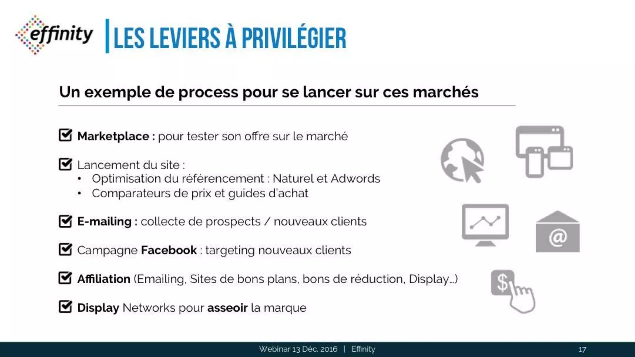 Les leviers à privilégier
Webinar 13 Déc. 2016 | Effinity 17
Un exemple de process pour se lancer sur ces marchés
Marketplace : pour tester son offre sur le marché
Lancement du site :
• Optimisation du référencement : Naturel et Adwords
• Comparateurs de prix et guides d’achat
E-mailing : collecte de prospects / nouveaux clients
Campagne Facebook : targeting nouveaux clients
Affiliation (Emailing, Sites de bons plans, bons de réduction, Display…)
Display Networks pour asseoir la marque
 