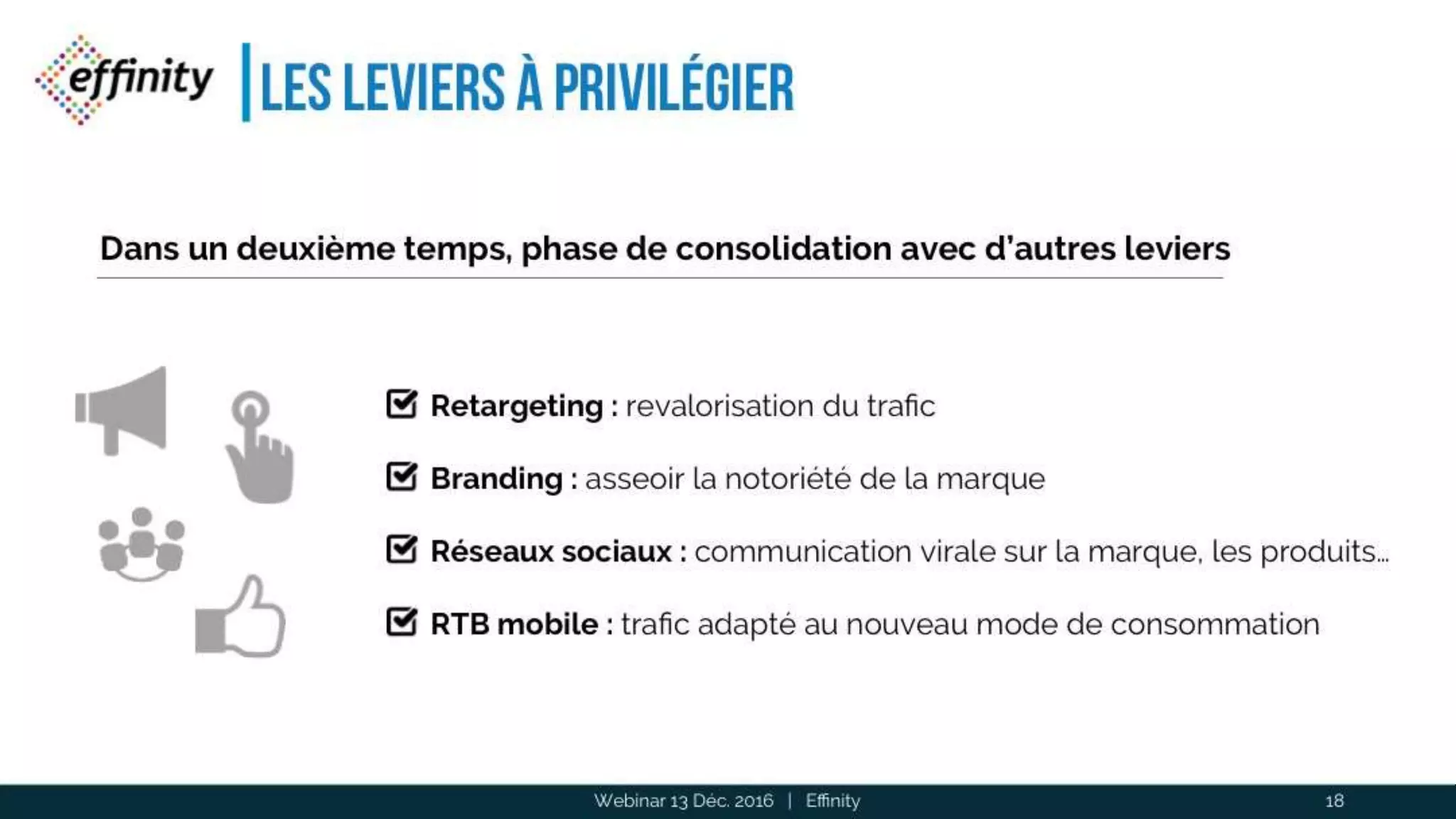 Les leviers à privilégier
Webinar 13 Déc. 2016 | Effinity 18
Dans un deuxième temps, phase de consolidation avec d’autres leviers
Retargeting : revalorisation du trafic
Branding : asseoir la notoriété de la marque
Réseaux sociaux : communication virale sur la marque, les produits…
RTB mobile : trafic adapté au nouveau mode de consommation
 