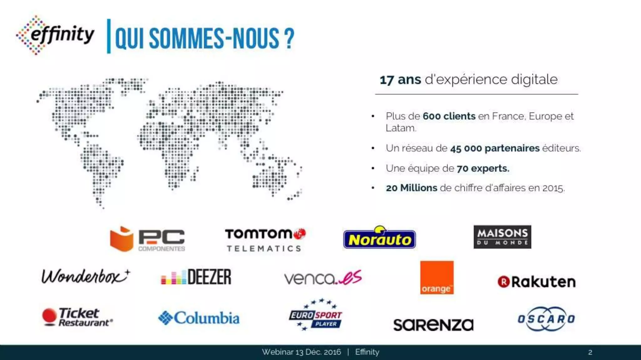 Qui sommes-nous ?
Webinar 13 Déc. 2016 | Effinity 2
17 ans d'expérience digitale
• Plus de 600 clients en France, Europe et
Latam.
• Un réseau de 45 000 partenaires éditeurs.
• Une équipe de 70 experts.
• 20 Millions de chiffre d'affaires en 2015.
 