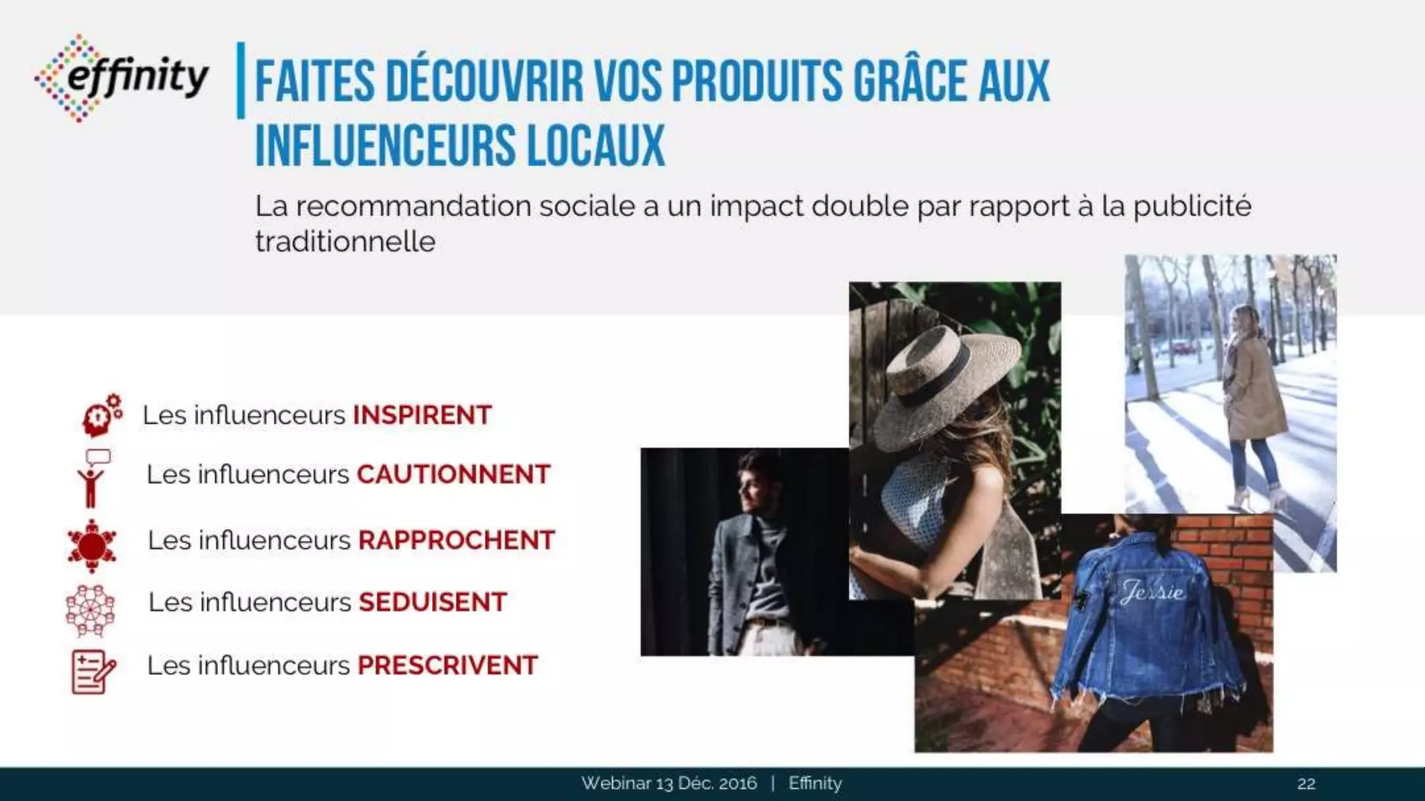 Faites découvrir vos produits grâce aux
influenceurs locaux
Webinar 13 Déc. 2016 | Effinity 22
La recommandation sociale a un impact double par rapport à la publicité
traditionnelle
Les influenceurs INSPIRENT
Les influenceurs CAUTIONNENT
Les influenceurs RAPPROCHENT
Les influenceurs SEDUISENT
Les influenceurs PRESCRIVENT
 