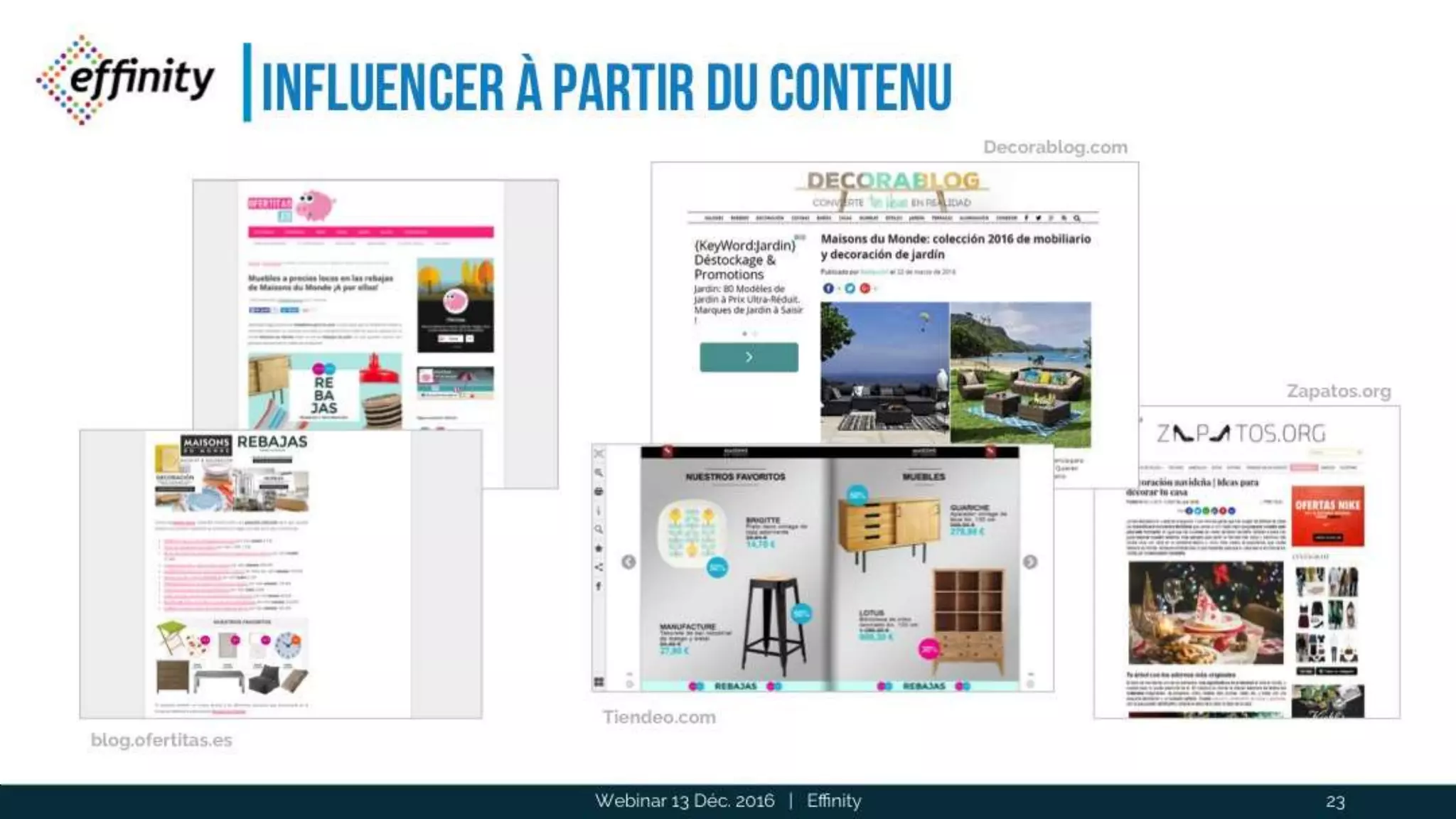 Influencer à partir du contenu
Webinar 13 Déc. 2016 | Effinity 23
blog.ofertitas.es
Tiendeo.com
Decorablog.com
Zapatos.org
 