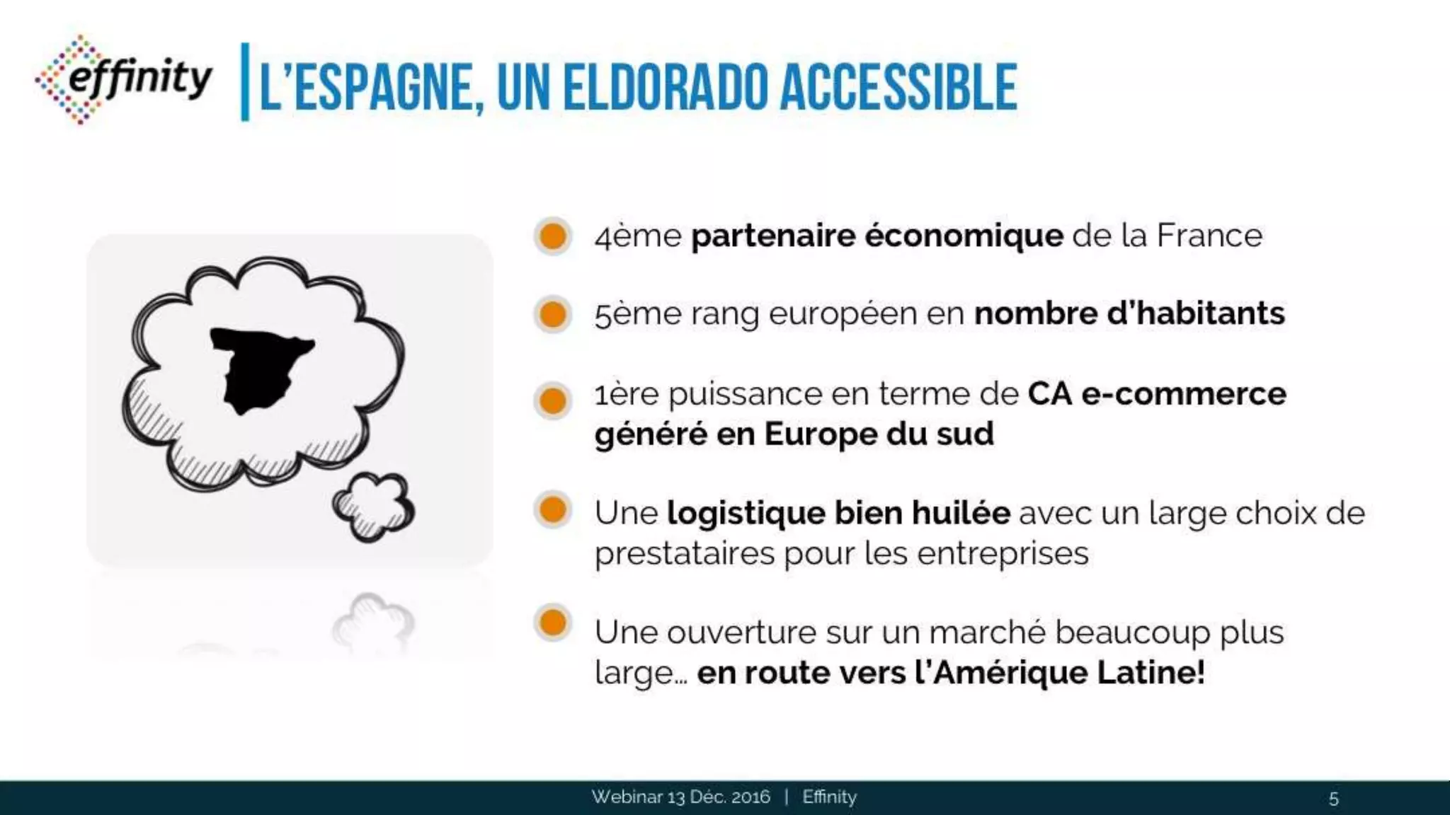 L’Espagne, un eldorado accessible
Webinar 13 Déc. 2016 | Effinity 5
4ème partenaire économique de la France
5ème rang européen en nombre d’habitants
1ère puissance en terme de CA e-commerce
généré en Europe du sud
Une logistique bien huilée avec un large choix de
prestataires pour les entreprises
Une ouverture sur un marché beaucoup plus large…
en route vers l’Amérique Latine!
 