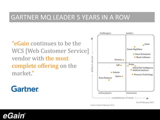 30
“eGain continues to be the
WCS [Web Customer Service]
vendor with the most
complete offering on the
market.”
GARTNER MQ LEADER 5 YEARS IN A ROW
 