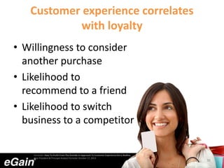 Customer experience correlates
with loyalty
• Willingness to consider
another purchase
• Likelihood to
recommend to a friend
• Likelihood to switch
business to a competitor
36
Forrester: How To Profit From The Outside-In Approach To Customer Experience Kerry Bodine,
Vice President & Principal Analyst Forrester October 17, 2013
 