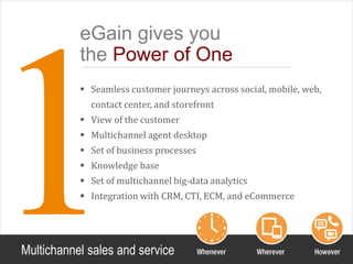 © 2014 Forrester Research, Inc. Reproduction Prohibited
Slide 44
eGain gives you
the Power of One
Multichannel sales and service
 Seamless customer journeys across social, mobile, web,
contact center, and storefront
 View of the customer
 Multichannel agent desktop
 Set of business processes
 Knowledge base
 Set of multichannel big-data analytics
 Integration with CRM, CTI, ECM, and eCommerce
 