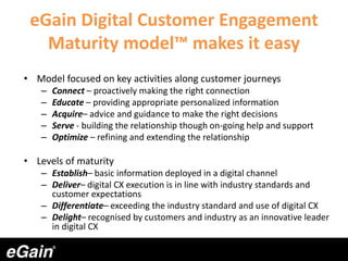 • Model focused on key activities along customer journeys
– Connect – proactively making the right connection
– Educate – providing appropriate personalized information
– Acquire– advice and guidance to make the right decisions
– Serve - building the relationship though on-going help and support
– Optimize – refining and extending the relationship
• Levels of maturity
– Establish– basic information deployed in a digital channel
– Deliver– digital CX execution is in line with industry standards and
customer expectations
– Differentiate– exceeding the industry standard and use of digital CX
– Delight– recognised by customers and industry as an innovative leader
in digital CX
eGain Digital Customer Engagement
Maturity model™ makes it easy
 