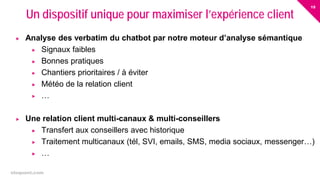 15
eloquant.com Forum Client Eloquant 2017
 Analyse des verbatim du chatbot par notre moteur d’analyse sémantique
 Signaux faibles
 Bonnes pratiques
 Chantiers prioritaires / à éviter
 Météo de la relation client
 …
 Une relation client multi-canaux & multi-conseillers
 Transfert aux conseillers avec historique
 Traitement multicanaux (tél, SVI, emails, SMS, media sociaux, messenger…)
 …
Un dispositif unique pour maximiser l’expérience client
 