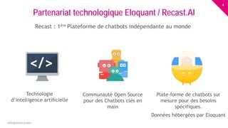 4
eloquant.com Forum Client Eloquant 2017
Partenariat technologique Eloquant / Recast.AI
Communauté Open Source
pour des Chatbots clés en
main
Plate-forme de chatbots sur
mesure pour des besoins
spécifiques.
Données hébergées par Eloquant
Technologie
d’intelligence artificielle
</>
Recast : 1ère Plateforme de chatbots indépendante au monde
 