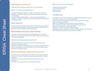 What Employers Are Covered?                                                  What Are the Potential Penalties?

                    Those that offer “employee benefit plans” to their employees                 Outstanding plan benefits
                                                                                                 Civil and criminal fines
                    What’s an “Employee Benefit Plan”?                                           Imprisonment
                                                                                                 Attorneys‟ fees
                    Employee Welfare Benefit Plan: a plan or fund through which an
                    employer or employee organization provides participants with health
                                                                                                 Top ERISA Tips
                    care coverage
                    Employee Pension Benefit Plan: a plan or fund through which an              Employers are not required to maintain employee benefit plans; however,
                    employer or employee organization provides participants with retirement      if they do, such plans must comply with ERISA
ERISA Cheat Sheet


                    or deferred income                                                           When faced with an employee‟s question regarding benefits, always
                                                                                                 defer to the plan administrator
                    What’s Required?                                                             Maintain confidentiality of all employee medical information
                                                                                                 Do not discriminate with regard to benefit plans based upon an
                    Certain minimum standards for both types of plans regarding employee         employee‟s membership in a protected class
                    and beneficiary participation, funding, administration, benefit accrual,     Reserve, in writing, the option to amend any plan
                    disclosure, survivor benefits and plan termination                           Employers may be required to maintain medical coverage of an individual
                                                                                                 after separation from employment pursuant to COBRA
                    Who’s Eligible to Participate in Pension Plans?

                    In general, employers must allow every employee who is at least 21
                    years old and has worked for them for at least 1,000 hours over the last
                    12 months to participate

                    What Kinds of Pension Plans Are There?

                    Defined benefit plans: promises a specific monthly benefit upon
                    retirement (or retirement age)
                    Defined contribution: the employer and/or employee contributes to the
                    plan during employment and the employee receives the balance upon
                    retirement (or retirement age)

                    What Are the Employer’s Notification Requirements?

                    Provide a Summary Plan Description (SPD) to each plan participant
                    Provide a summary of the plan‟s annual financial information to each
                    participant
                    Provide an annual accounting of the benefits earned by each
                    participant
                    Provide a copy of the plan upon a participant‟s request




                                                                 ManpowerGroup | Wednesday, July 25, 2012                                                         11
 