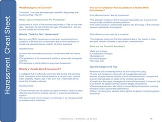 What Employers are Covered?                                                    How can an Employer Avoid Liability for a Hostile Work
                                                                                                        Environment?
                         Those with 15 or more employees are covered by the primary anti-
                         harassment law (Title VII)                                                     If the offensive conduct was by a supervisor:
Harassment Cheat Sheet
                         What Types of Harassment Are Prohibited?                                       The employer must prove that it exercised reasonable care to prevent and
                                                                                                        then promptly correct the harassing behavior
                         Harassment is a form of discrimination prohibited by Title VII and other       The victim must have unreasonably failed to take advantage of the corrective
                         laws. Generally, the law prohibits two types of harassment: quid pro           measures provided by the employer
                         quo and hostile work environment.

                         What is “Quid Pro Quo” Harassment?                                             If the offensive conduct was by a co-worker:

                         Quid pro quo (QPQ) harassment occurs when employment terms,                    The employee must prove that the employer knew or had reason to know
                         conditions or benefits are conditioned on the victim‟s submission to           about the behavior but failed to take proper corrective action
                         unwelcome sexual advances made by his or her supervisor
                                                                                                        What are the Potential Penalties?
                         Important notes:
                                                                                                        Back and front pay
                         A victim who eventually succumbs to the advances still may have a             Compensatory damages
                         claim                                                                          Reinstatement
                         The perpetrator of the harassment must be a person with managerial            Punitive damages
                         authority                                                                      Attorneys‟ fees
                         The employer is strictly liable for any proven harassment
                                                                                                        Top Anti-harassment Tips
                         What Is a “Hostile Work Environment”?
                                                                                                        Implement and consistently enforce an anti-harassment policy
                         A workplace that is sufficiently permeated with severe and pervasive           Provide anti-harassment training for all managerial employees
                         insult, intimidation and/or ridicule based on a person‟s race, national        Provide multiple avenues by which victims of harassment can complain and
                         origin, disability, religion, age or sex such that a reasonable person         ensure that employees are aware of the complaint procedure
                         would find it hostile or abusive                                               Promptly and thoroughly investigate all claims of harassment in a manner that
                                                                                                        is fair to both the alleged victim(s) and the alleged perpetrator(s)
                         Important notes:                                                               If harassment is proven, take steps to prevent further harassment, including
                                                                                                        disciplinary action against the perpetrator(s)
                         The environment can be caused by vulgar comments, stories or jokes,           Refrain from taking any adverse action against the person complaining about
                         offensive documents or postings, leering, or inappropriate physical            harassment
                         conduct
                         The environment can be created or contributed to by managerial staff,
                         co-workers and/or customers




                                                                        ManpowerGroup | Wednesday, July 25, 2012                                                           16
 